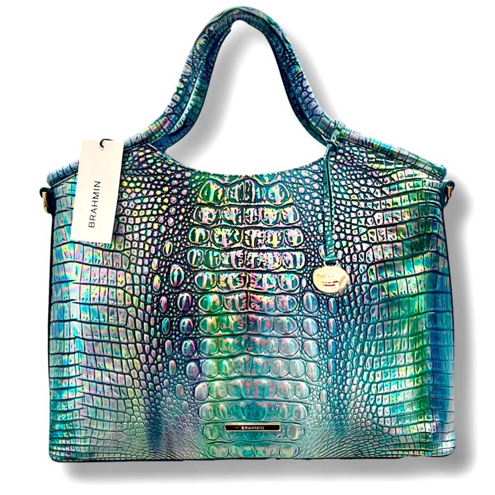 NWT Brahmin Elaine Blue Topaz Croc Embossed Leather Satchel